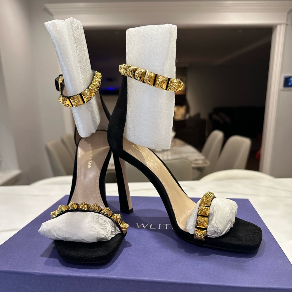 Stuart Weitzman 100 ROSIST gold rose studded suede sandal pumps black